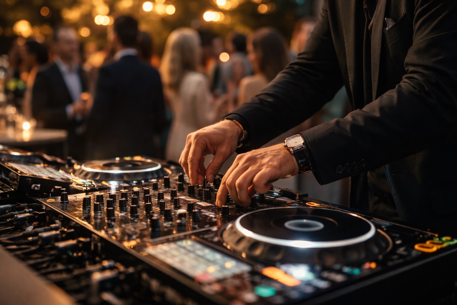 Professioneller Event DJ mit Mischpult und Lichttechnik