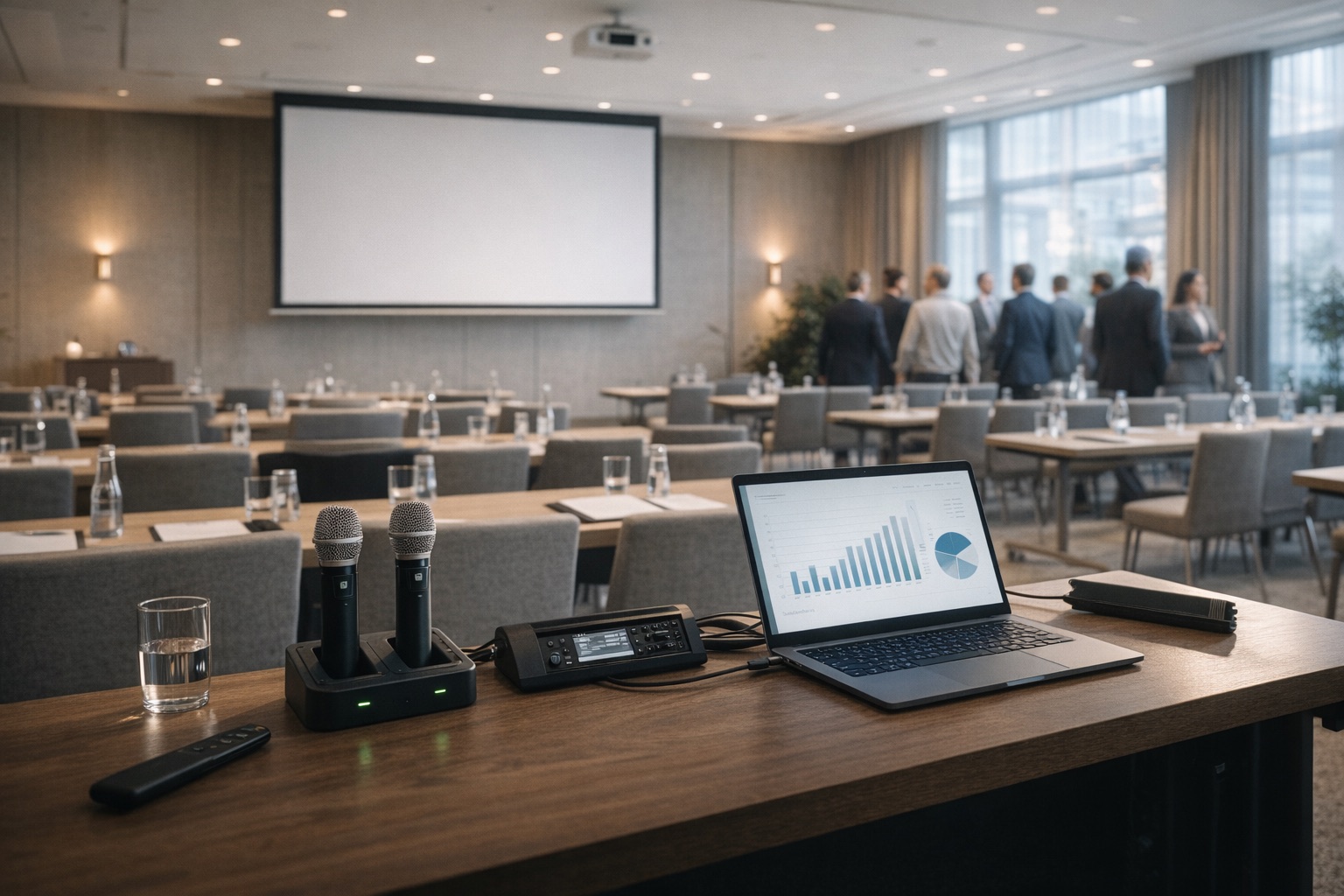 Tagungstechnik mit Beamer, Leinwand und Mikrofonen